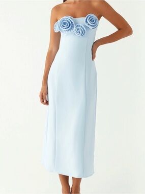 Strapless Light Blue Midi Dress with Rosette Detail